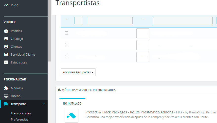 Configurar transportes en PrestaShop