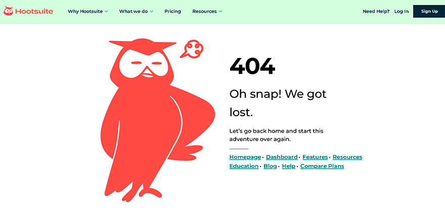Página error 404 personalizada - Hootsuite
