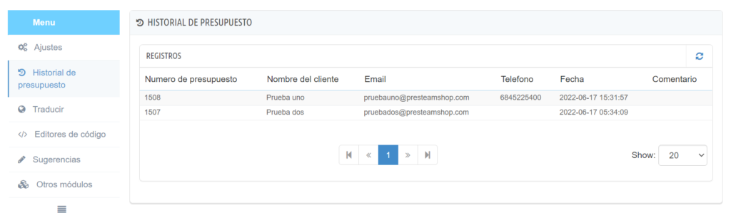 Historial de presupuestos PrestaShop